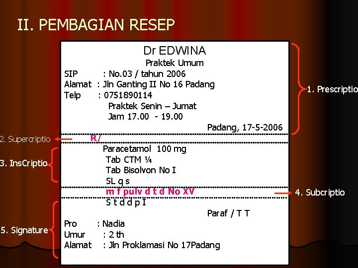 II. PEMBAGIAN RESEP Dr EDWINA 2. Supercriptio 3. Ins. Criptio 5. Signature Praktek Umum