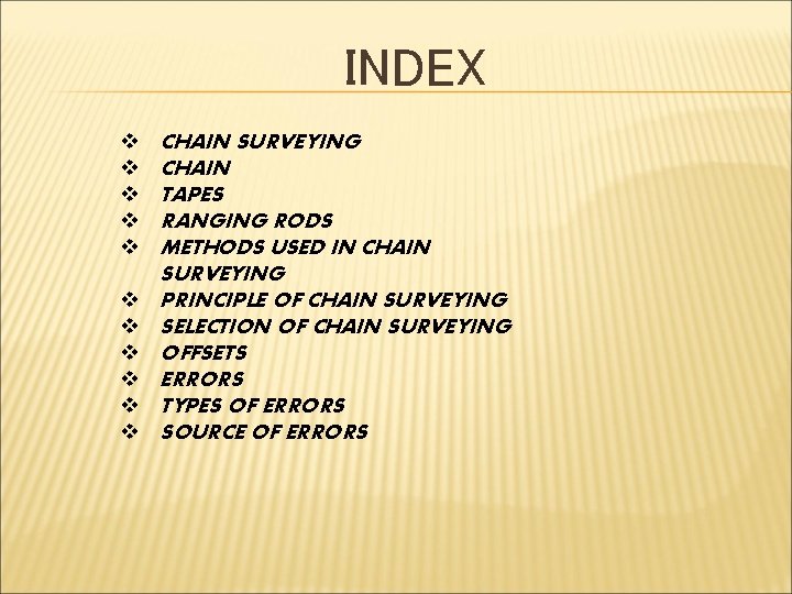 INDEX v v v CHAIN SURVEYING CHAIN TAPES RANGING RODS METHODS USED IN CHAIN