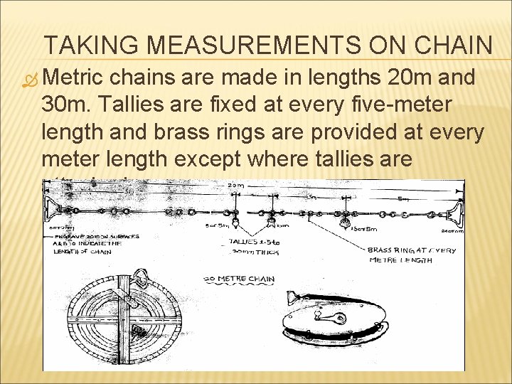 TAKING MEASUREMENTS ON CHAIN Metric chains are made in lengths 20 m and 30