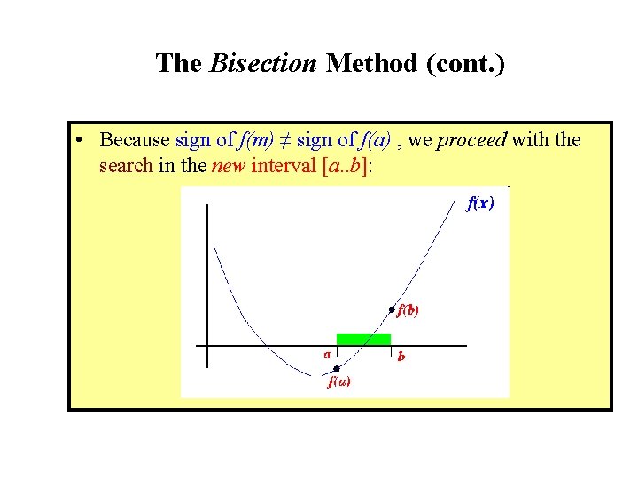 The Bisection Method (cont. ) • Because sign of f(m) ≠ sign of f(a)