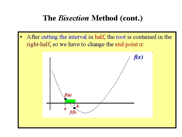 The Bisection Method (cont. ) • After cutting the interval in half, the root