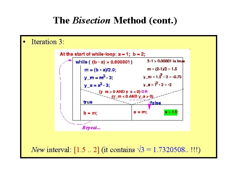The Bisection Method (cont. ) • Iteration 3: New interval: [1. 5. . 2]