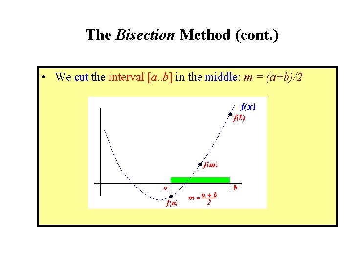 The Bisection Method (cont. ) • We cut the interval [a. . b] in