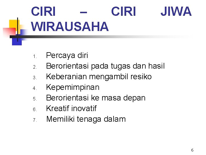 CIRI – CIRI WIRAUSAHA 1. 2. 3. 4. 5. 6. 7. JIWA Percaya diri CIRI – CIRI WIRAUSAHA 1. 2. 3. 4. 5. 6. 7. JIWA Percaya diri