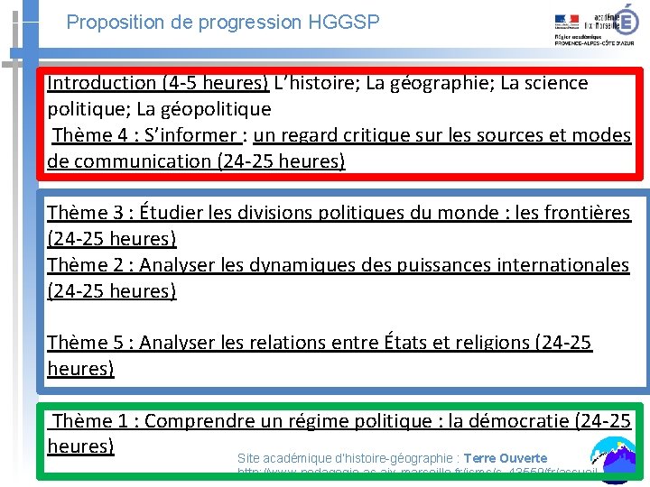 Proposition de progression HGGSP Introduction (4 -5 heures) L’histoire; La géographie; La science politique;