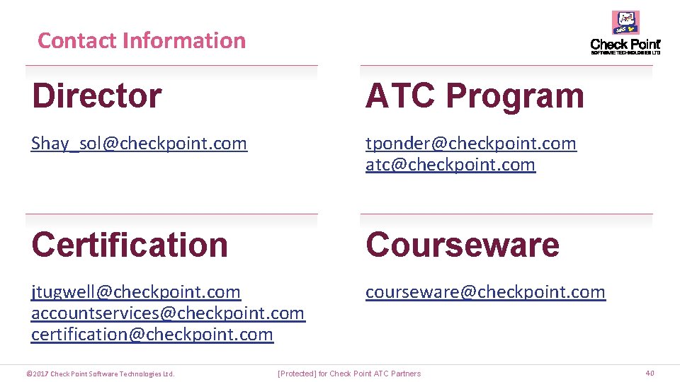 Contact Information Director ATC Program Shay_sol@checkpoint. com tponder@checkpoint. com atc@checkpoint. com Certification Courseware jtugwell@checkpoint.