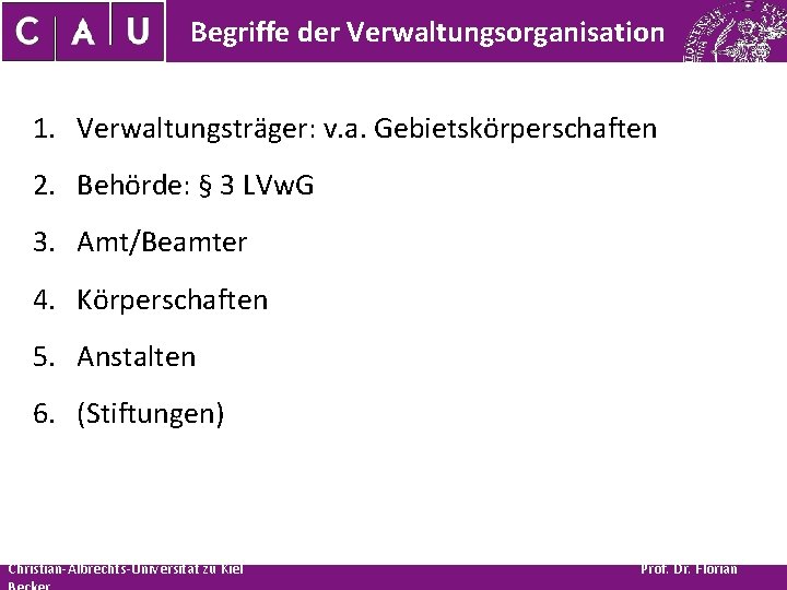 Begriffe der Verwaltungsorganisation 1. Verwaltungsträger: v. a. Gebietskörperschaften 2. Behörde: § 3 LVw. G