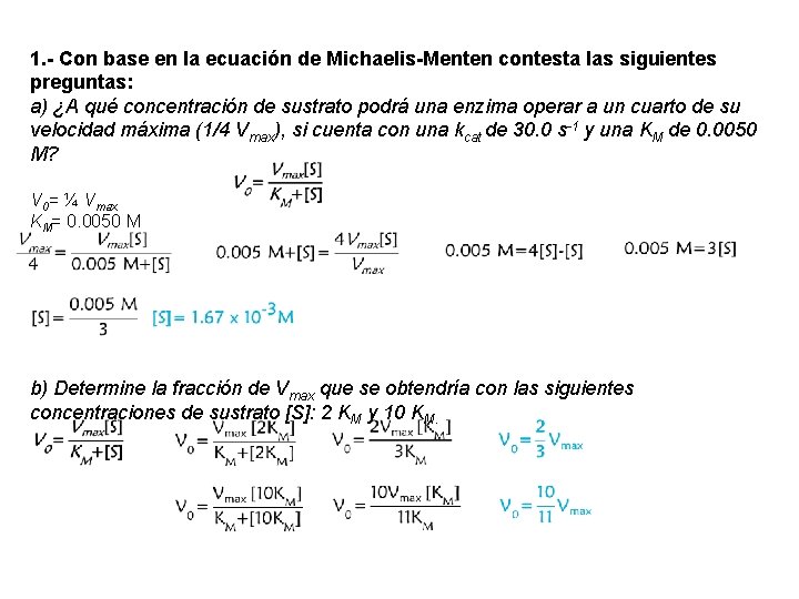 1. - Con base en la ecuación de Michaelis-Menten contesta las siguientes preguntas: a)