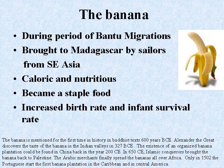 The banana • During period of Bantu Migrations • Brought to Madagascar by sailors