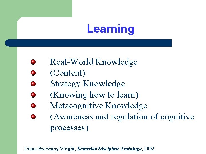 Learning Real-World Knowledge (Content) Strategy Knowledge (Knowing how to learn) Metacognitive Knowledge (Awareness and