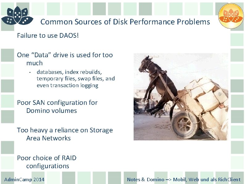 Common Sources of Disk Performance Problems Failure to use DAOS! One “Data” drive is