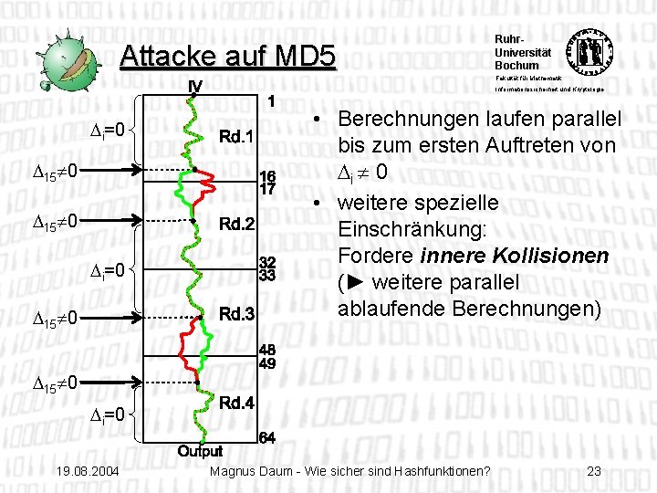 Attacke auf MD 5 Ruhr. Universität Bochum Fakultät für Mathematik Informationssicherheit und Kryptologie i=0