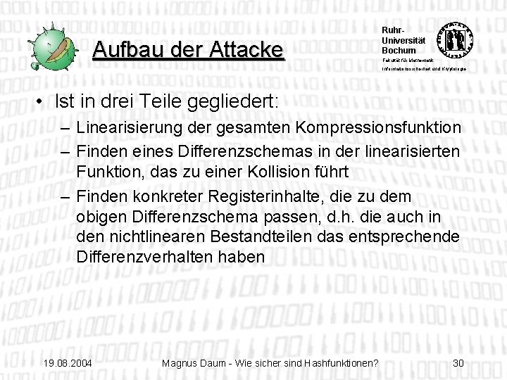 Aufbau der Attacke Ruhr. Universität Bochum Fakultät für Mathematik Informationssicherheit und Kryptologie • Ist