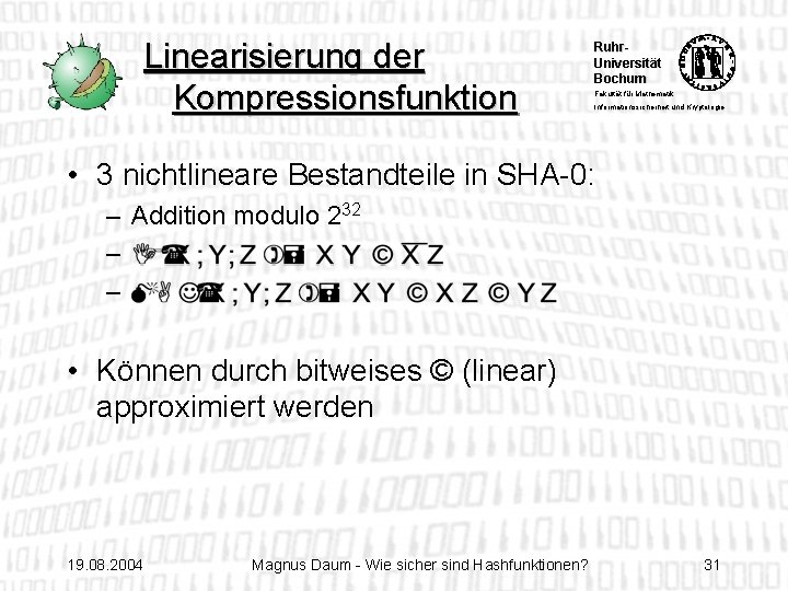 Linearisierung der Kompressionsfunktion Ruhr. Universität Bochum Fakultät für Mathematik Informationssicherheit und Kryptologie • 3