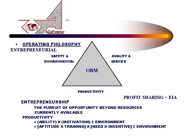 • OPERATING PHILOSOPHY ENTREPRENEURIAL SAFETY & QUALITY & ENVIRONMENTAL SERVICE OBM CCNCO-EQUAL PRIORITIESO-CO-0