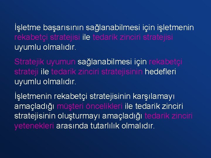 İşletme başarısının sağlanabilmesi için işletmenin rekabetçi stratejisi ile tedarik zinciri stratejisi uyumlu olmalıdır. Stratejik