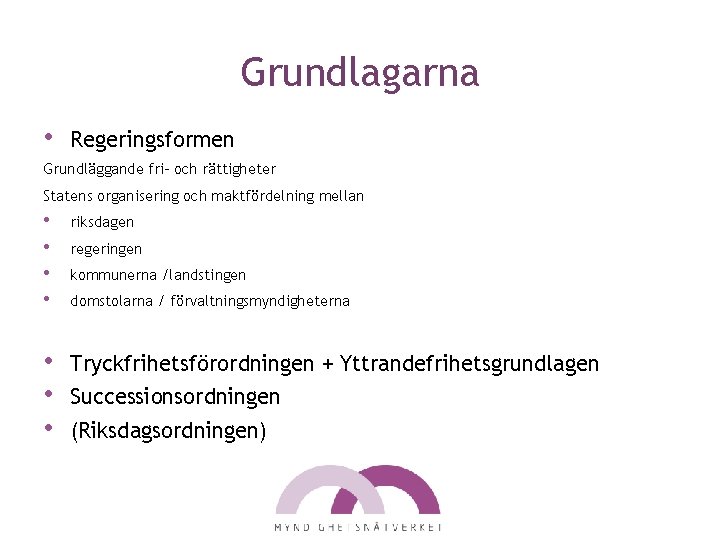 Grundlagarna • Regeringsformen Grundläggande fri- och rättigheter Statens organisering och maktfördelning mellan • •