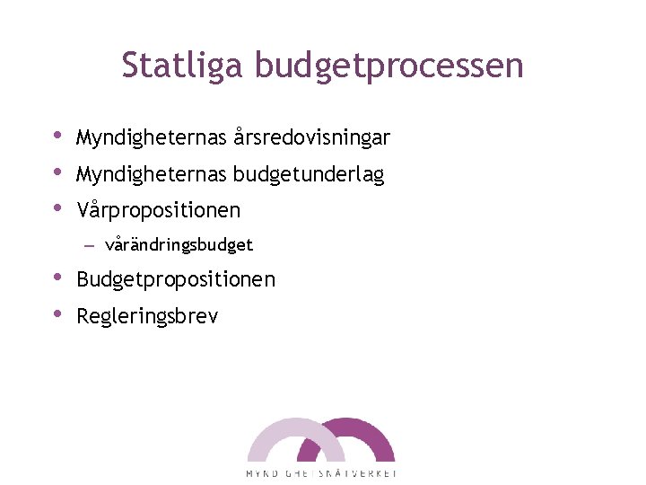 Statliga budgetprocessen • • • Myndigheternas årsredovisningar Myndigheternas budgetunderlag Vårpropositionen – vårändringsbudget • •