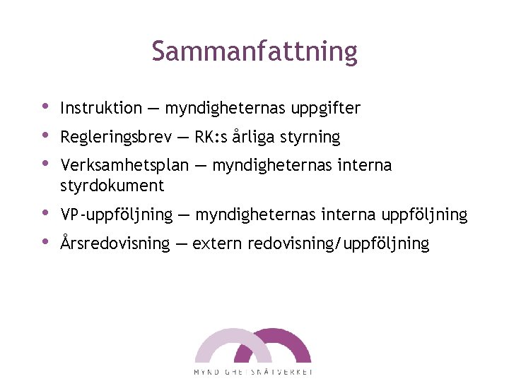 Sammanfattning • • • Instruktion — myndigheternas uppgifter • • VP-uppföljning — myndigheternas interna