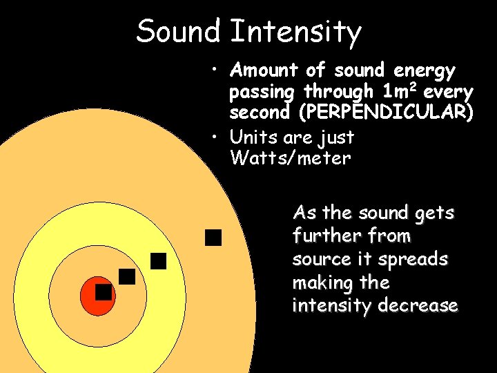 Sound Intensity • Amount of sound energy passing through 1 m 2 every second