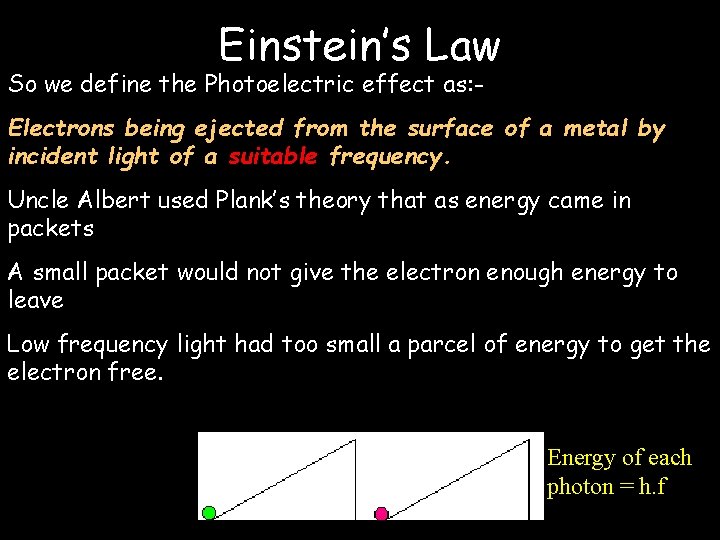 Einstein’s Law So we define the Photoelectric effect as: - Electrons being ejected from