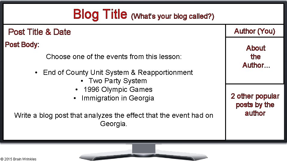 Blog Title (What’s your blog called? ) Post Title & Date Post Body: Choose