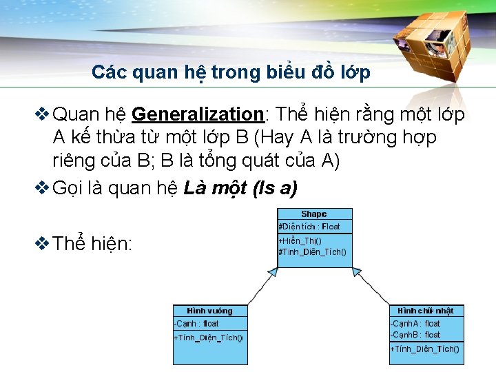 Các quan hệ trong biểu đồ lớp v Quan hệ Generalization: Thể hiện rằng