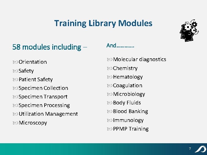 Training Library Modules 58 modules including – And…………. Orientation Safety Patient Safety Specimen Collection