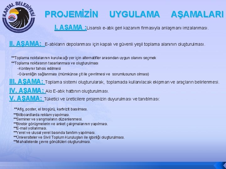 PROJEMİZİN UYGULAMA AŞAMALARI I. AŞAMA : Lisanslı e-atık geri kazanım firmasıyla anlaşmanı imzalanması. II.