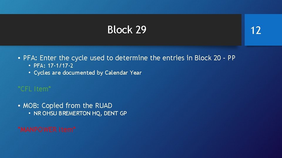 Block 29 • PFA: Enter the cycle used to determine the entries in Block