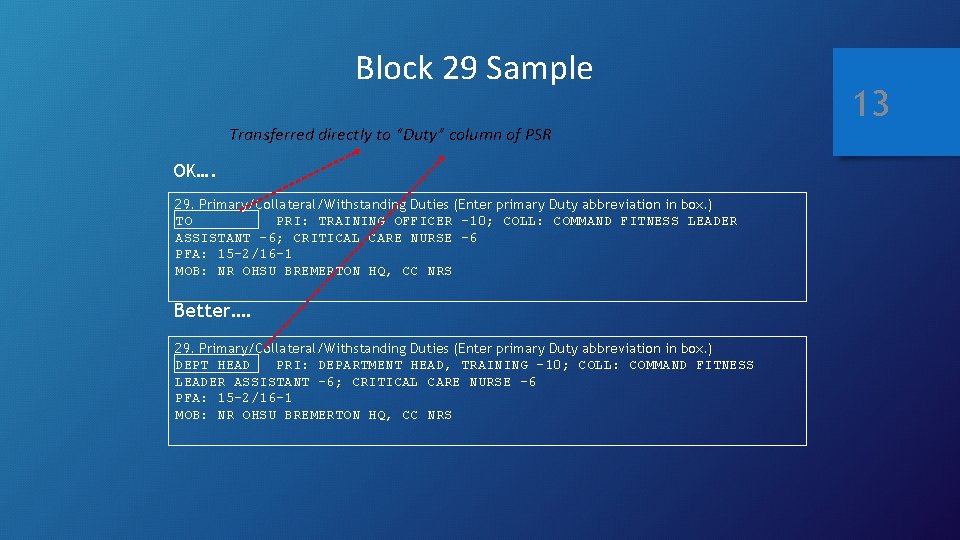 Block 29 Sample Transferred directly to “Duty” column of PSR OK…. 29. Primary/Collateral/Withstanding Duties