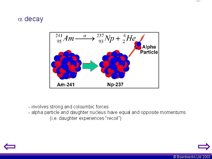  decay - involves strong and coloumbic forces - alpha particle and daughter nucleus