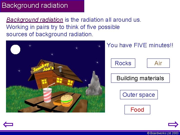 Background radiation is the radiation all around us. Working in pairs try to think