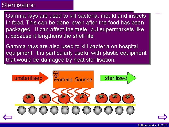 Sterilisation Gamma rays are used to kill bacteria, mould and insects in food. This