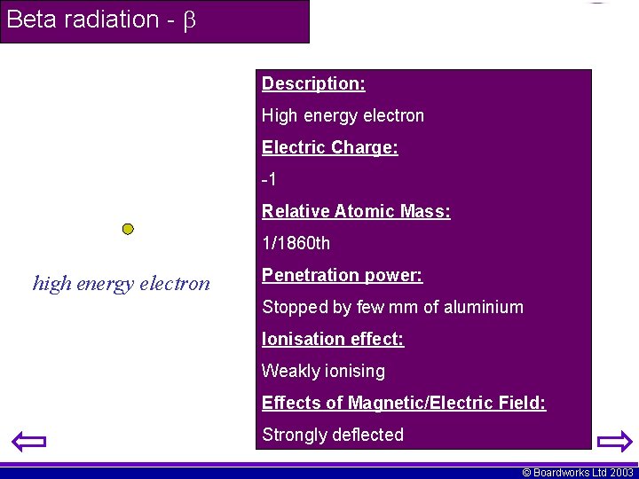 Beta radiation - Description: High energy electron Electric Charge: -1 Relative Atomic Mass: 1/1860
