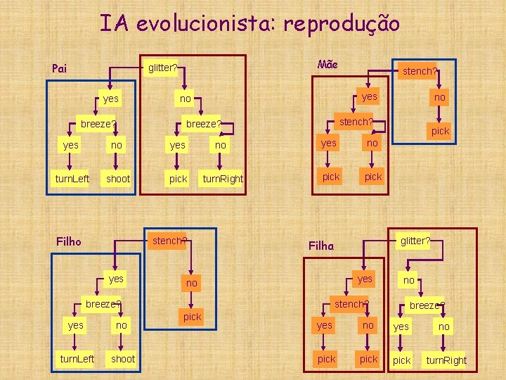 IA evolucionista: reprodução Pai Mãe glitter? yes stench? yes no breeze? stench? breeze? yes