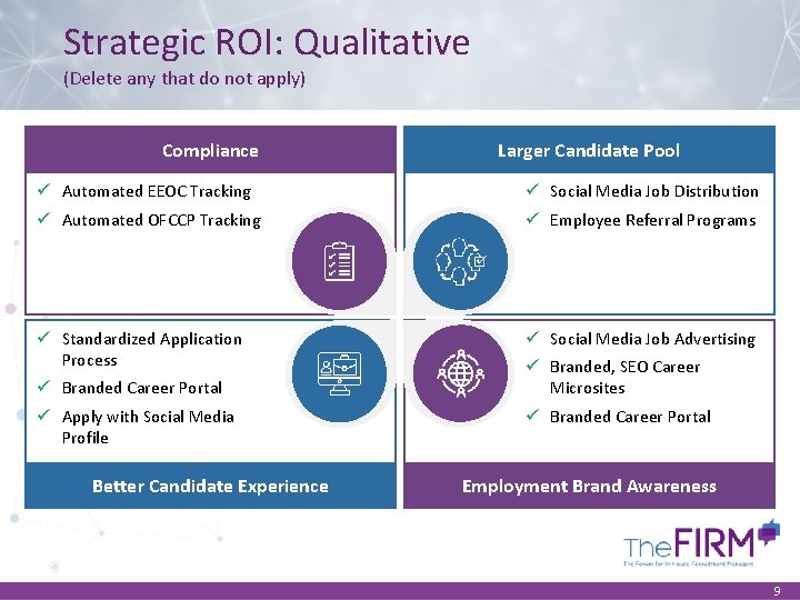 Strategic ROI: Qualitative (Delete any that do not apply) Compliance Larger Candidate Pool ü