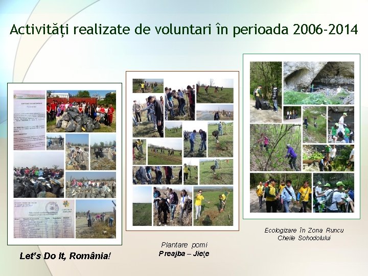 Activităţi realizate de voluntari în perioada 2006 -2014 Let’s Do It, România! Plantare pomi