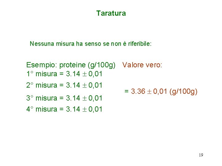 Taratura Nessuna misura ha senso se non è riferibile: Esempio: proteine (g/100 g) Valore