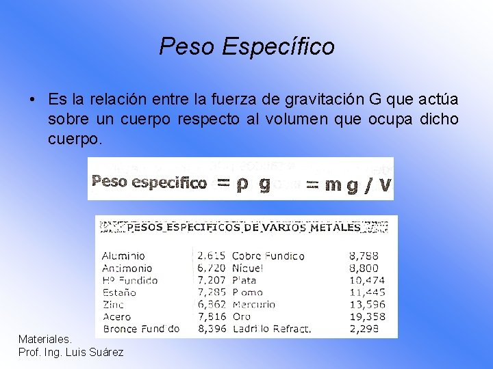 Peso Específico • Es la relación entre la fuerza de gravitación G que actúa