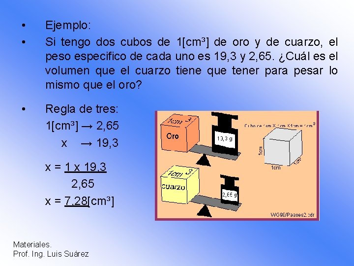  • • Ejemplo: Si tengo dos cubos de 1[cm³] de oro y de