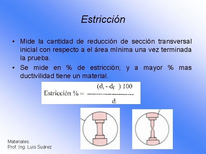 Estricción • Mide la cantidad de reducción de sección transversal inicial con respecto a