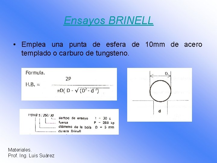 Ensayos BRINELL • Emplea una punta de esfera de 10 mm de acero templado