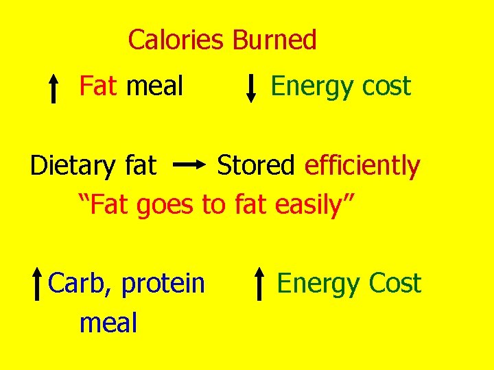 Calories Burned Fat meal Energy cost Dietary fat Stored efficiently “Fat goes to fat