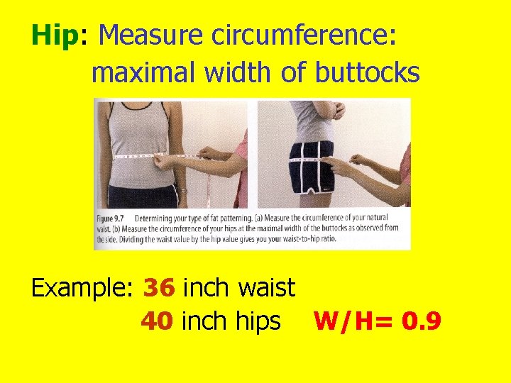 Hip: Measure circumference: maximal width of buttocks Example: 36 inch waist 40 inch hips