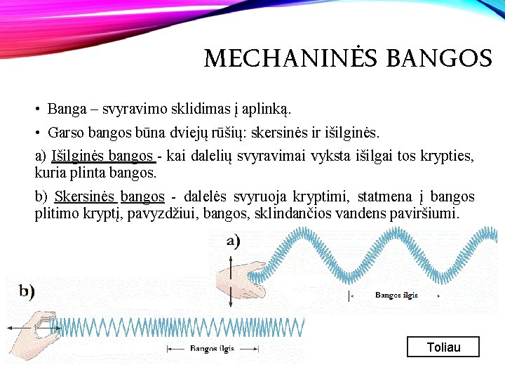 MECHANINĖS BANGOS • Banga – svyravimo sklidimas į aplinką. • Garso bangos būna dviejų