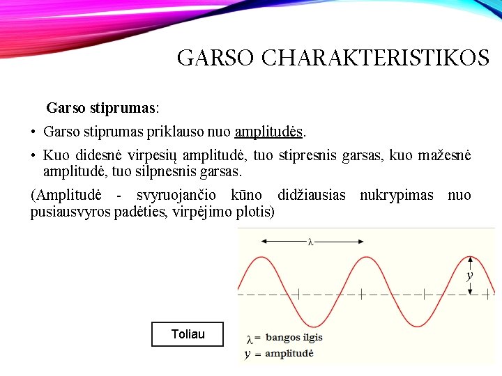 GARSO CHARAKTERISTIKOS Garso stiprumas: • Garso stiprumas priklauso nuo amplitudės. • Kuo didesnė virpesių