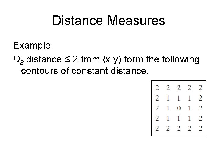 Distance Measures Example: D 8 distance ≤ 2 from (x, y) form the following