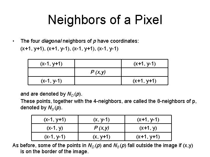 Neighbors of a Pixel • The four diagonal neighbors of p have coordinates: (x+1,