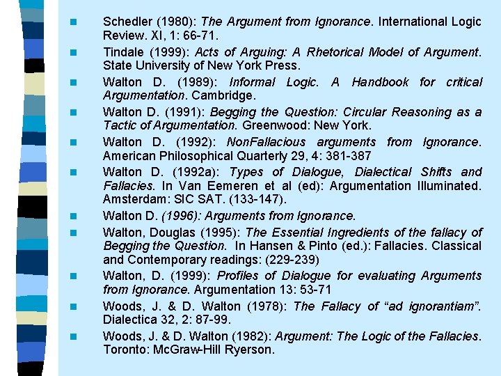 n n n Schedler (1980): The Argument from Ignorance. International Logic Review. XI, 1: